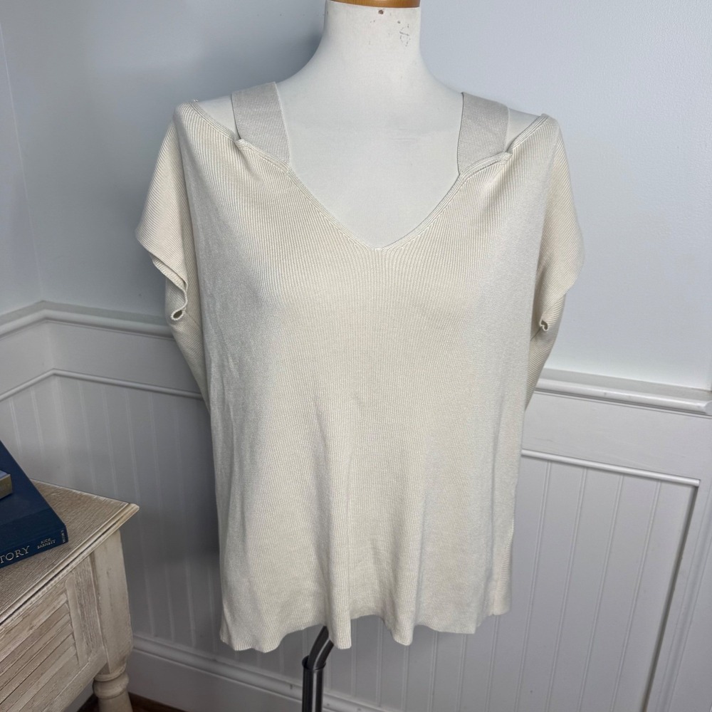 NEW Eileen Fisher Beige Tencel Lyocell Ribbed Cold Shoulder V-Neck Knit Top
